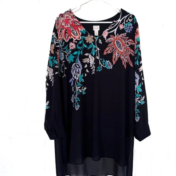 Chico's Size 3 Black Semi Sheer Bohemian Top Chiffon Multicolor Floral Chicos XL - Picture 2 of 6